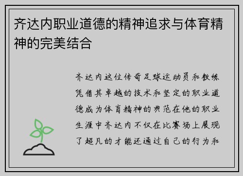 齐达内职业道德的精神追求与体育精神的完美结合